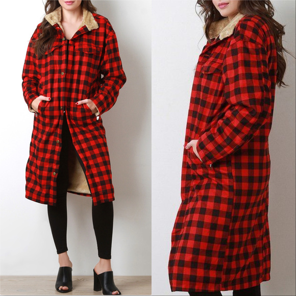 Red Plaid Print Fur Lined.Coat - Picture 2 of 4